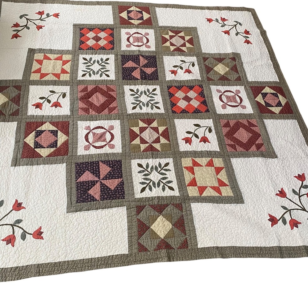 Nostalgia Home Fashions Handmade Sampler Patchwork Quilt Burgundy Floral Queen